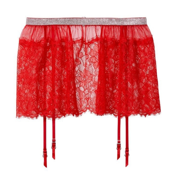 VS Lipstick Red Silver Rhinestone Shine Sheer Lace Skirt With Garters M/L NEW - Picture 2 of 10